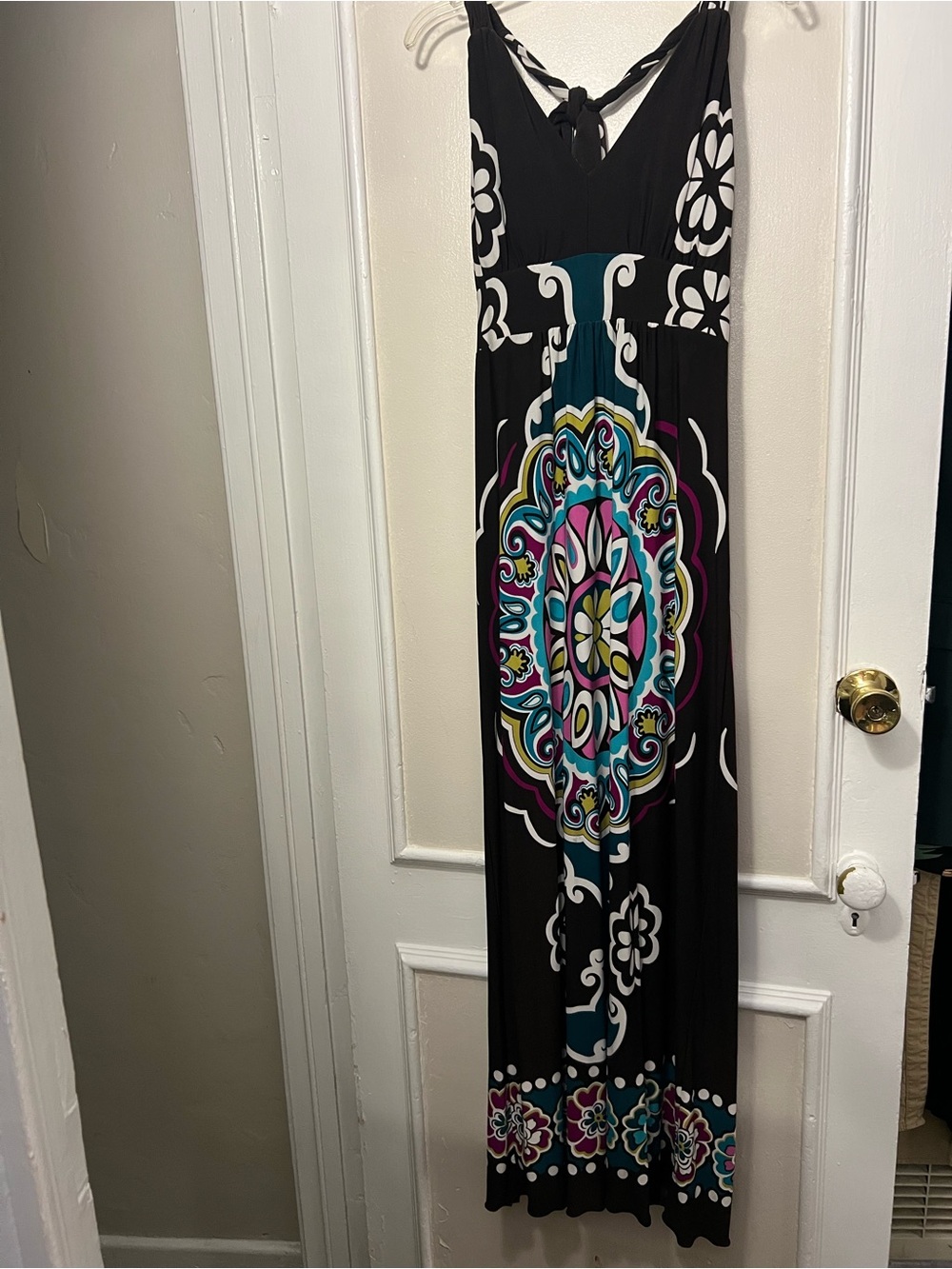 Black Maxi Dress with Bold Teal & Pink Medallion Print
